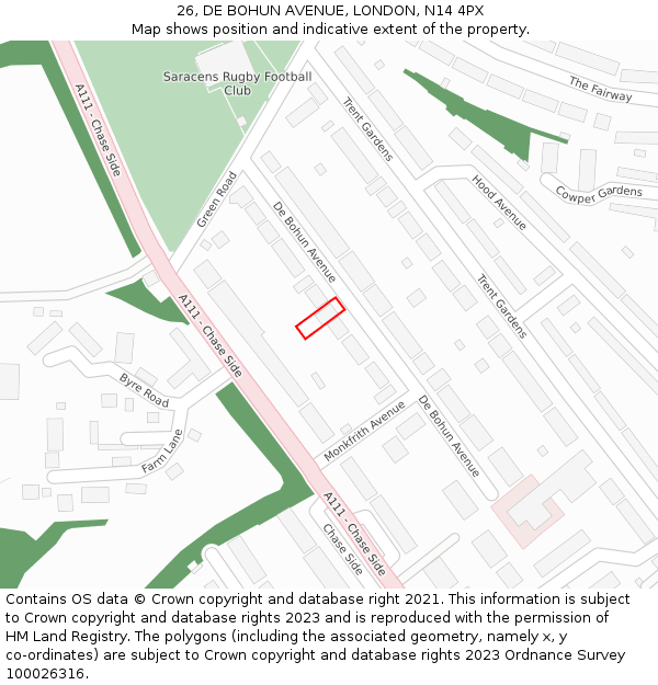 26, DE BOHUN AVENUE, LONDON, N14 4PX: Location map and indicative extent of plot