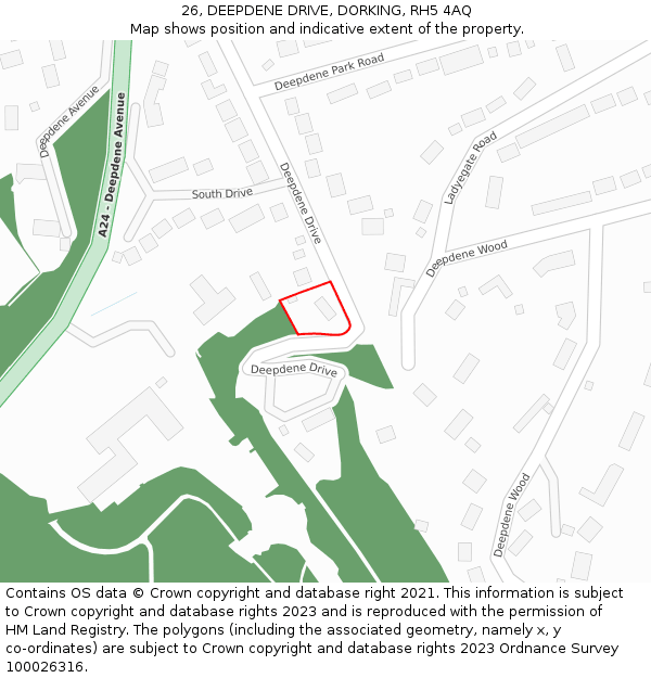 26, DEEPDENE DRIVE, DORKING, RH5 4AQ: Location map and indicative extent of plot