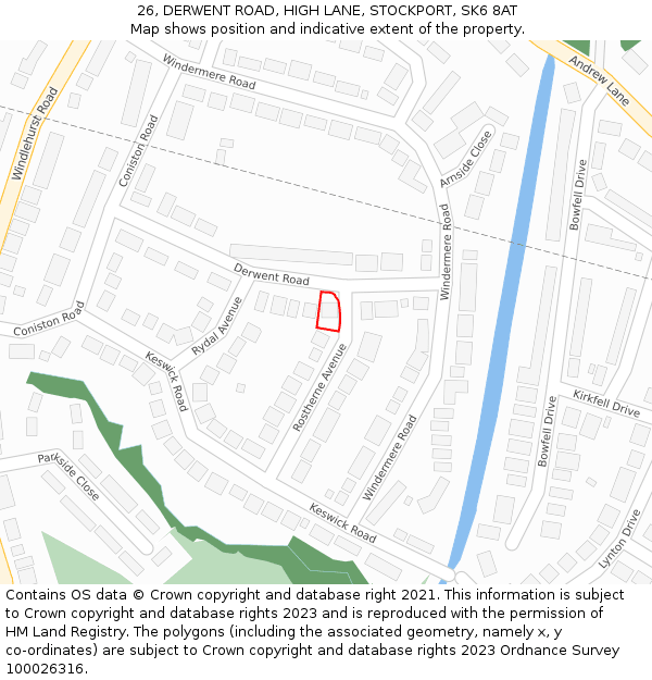 26, DERWENT ROAD, HIGH LANE, STOCKPORT, SK6 8AT: Location map and indicative extent of plot