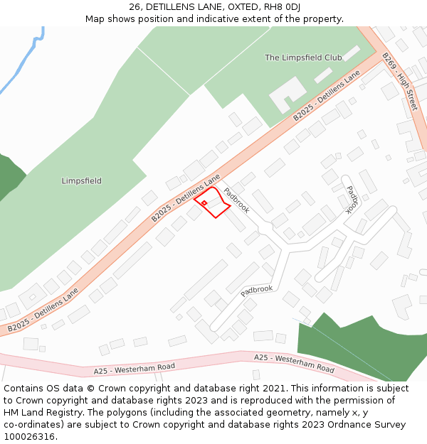 26, DETILLENS LANE, OXTED, RH8 0DJ: Location map and indicative extent of plot