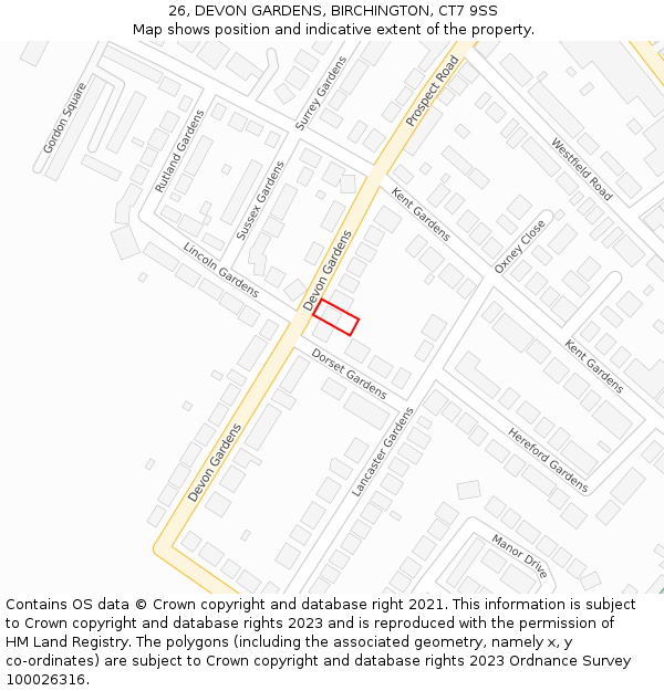 26, DEVON GARDENS, BIRCHINGTON, CT7 9SS: Location map and indicative extent of plot