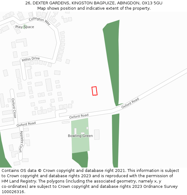 26, DEXTER GARDENS, KINGSTON BAGPUIZE, ABINGDON, OX13 5GU: Location map and indicative extent of plot