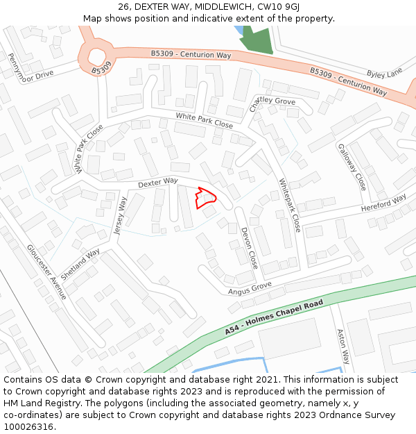 26, DEXTER WAY, MIDDLEWICH, CW10 9GJ: Location map and indicative extent of plot