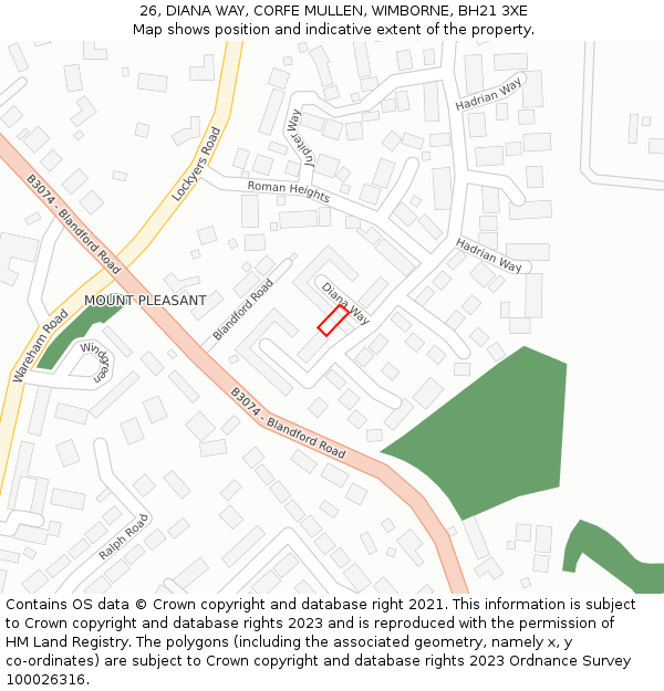 26, DIANA WAY, CORFE MULLEN, WIMBORNE, BH21 3XE: Location map and indicative extent of plot