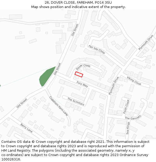 26, DOVER CLOSE, FAREHAM, PO14 3SU: Location map and indicative extent of plot