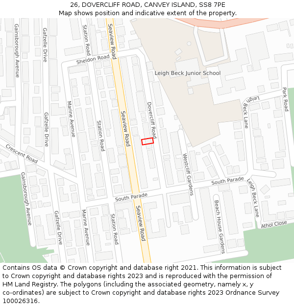 26, DOVERCLIFF ROAD, CANVEY ISLAND, SS8 7PE: Location map and indicative extent of plot