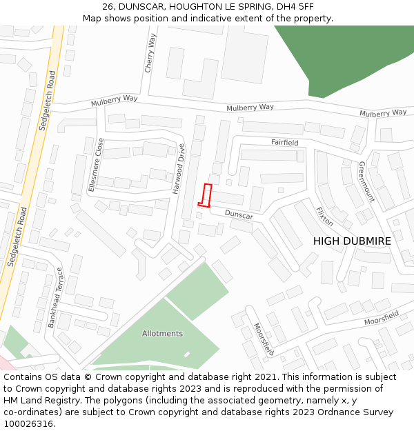 26, DUNSCAR, HOUGHTON LE SPRING, DH4 5FF: Location map and indicative extent of plot