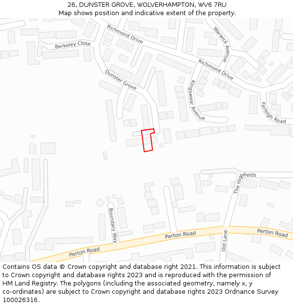 26, DUNSTER GROVE, WOLVERHAMPTON, WV6 7RU: Location map and indicative extent of plot