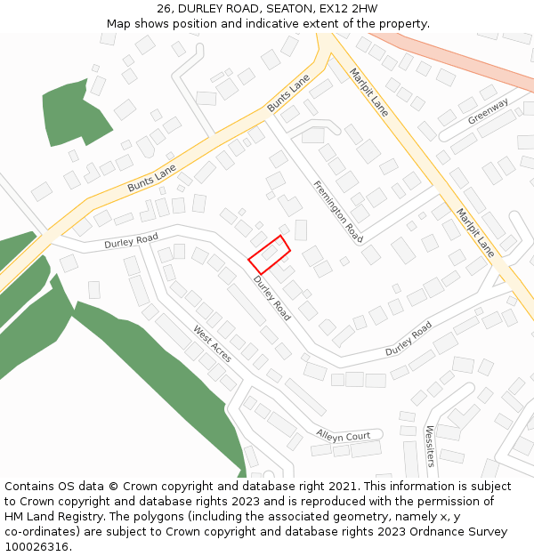 26, DURLEY ROAD, SEATON, EX12 2HW: Location map and indicative extent of plot