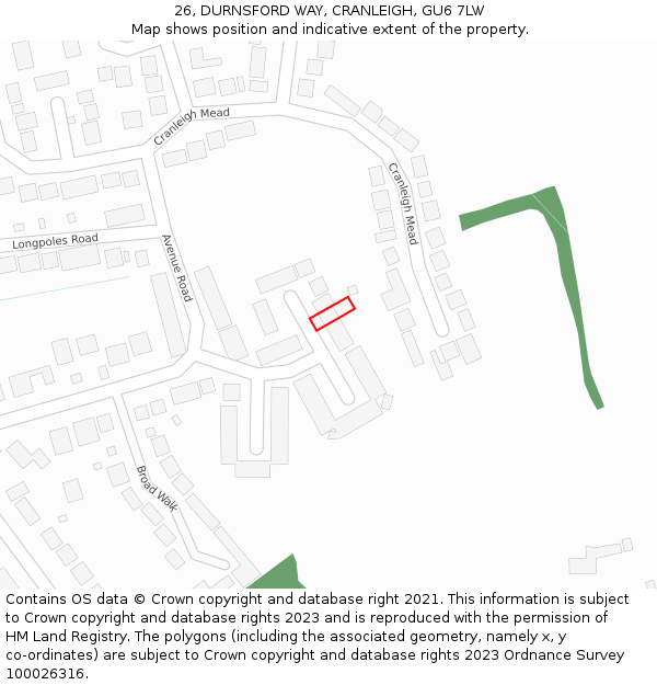 26, DURNSFORD WAY, CRANLEIGH, GU6 7LW: Location map and indicative extent of plot