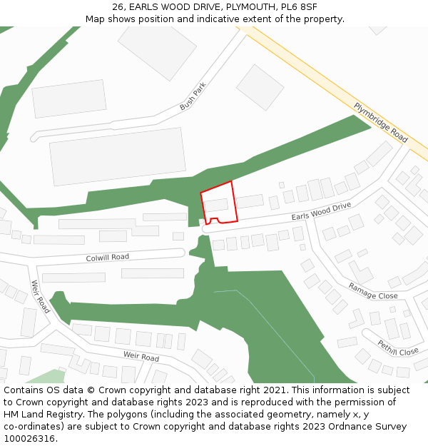 26, EARLS WOOD DRIVE, PLYMOUTH, PL6 8SF: Location map and indicative extent of plot