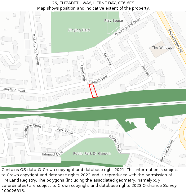 26, ELIZABETH WAY, HERNE BAY, CT6 6ES: Location map and indicative extent of plot