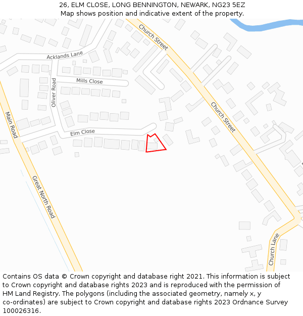 26, ELM CLOSE, LONG BENNINGTON, NEWARK, NG23 5EZ: Location map and indicative extent of plot