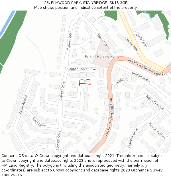 26, ELMWOOD PARK, STALYBRIDGE, SK15 3GB: Location map and indicative extent of plot