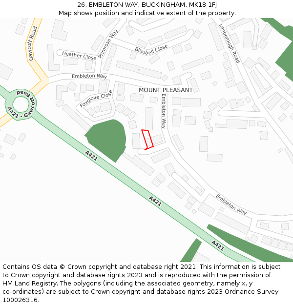 26, EMBLETON WAY, BUCKINGHAM, MK18 1FJ: Location map and indicative extent of plot