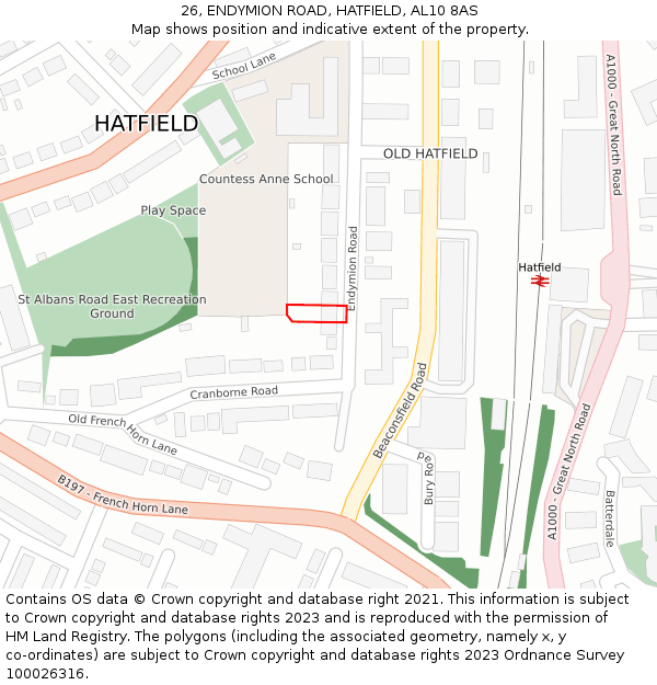 26, ENDYMION ROAD, HATFIELD, AL10 8AS: Location map and indicative extent of plot