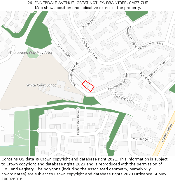 26, ENNERDALE AVENUE, GREAT NOTLEY, BRAINTREE, CM77 7UE: Location map and indicative extent of plot