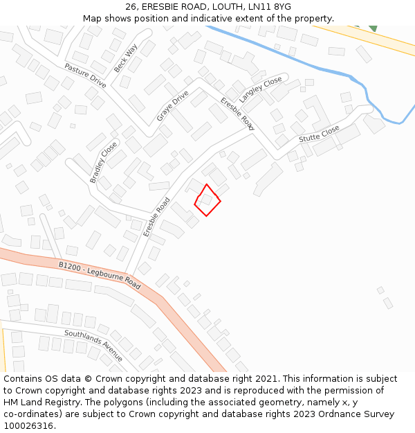 26, ERESBIE ROAD, LOUTH, LN11 8YG: Location map and indicative extent of plot