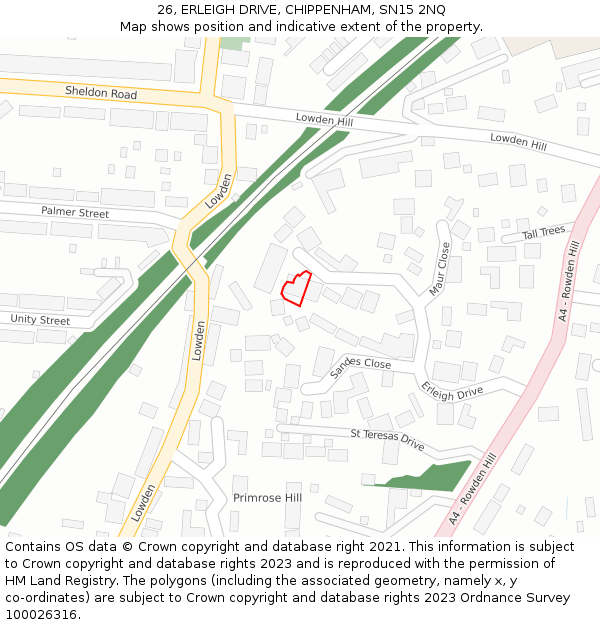 26, ERLEIGH DRIVE, CHIPPENHAM, SN15 2NQ: Location map and indicative extent of plot