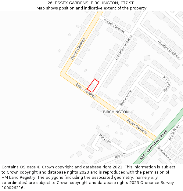 26, ESSEX GARDENS, BIRCHINGTON, CT7 9TL: Location map and indicative extent of plot