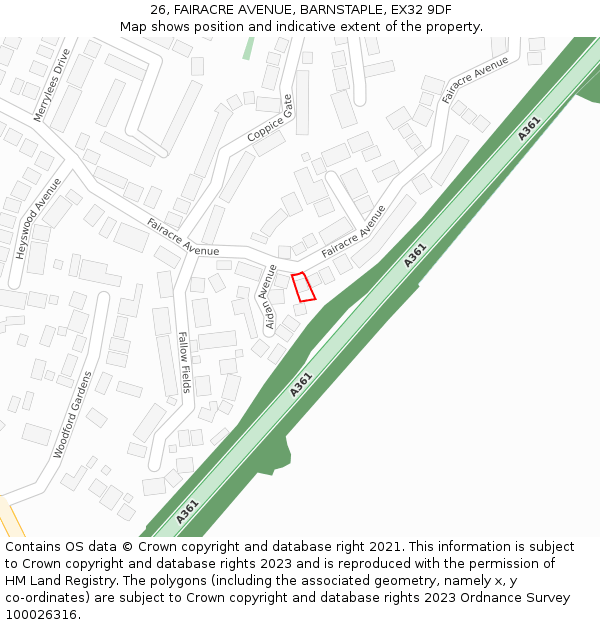 26, FAIRACRE AVENUE, BARNSTAPLE, EX32 9DF: Location map and indicative extent of plot