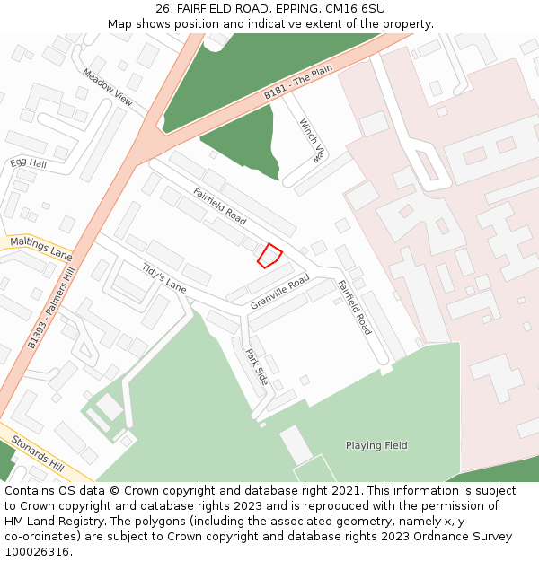 26, FAIRFIELD ROAD, EPPING, CM16 6SU: Location map and indicative extent of plot