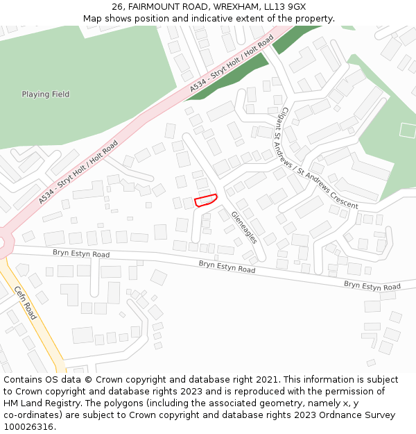26, FAIRMOUNT ROAD, WREXHAM, LL13 9GX: Location map and indicative extent of plot