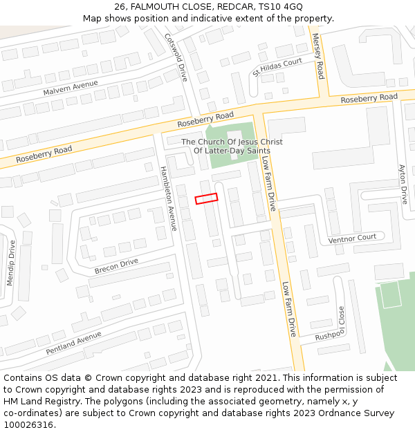 26, FALMOUTH CLOSE, REDCAR, TS10 4GQ: Location map and indicative extent of plot