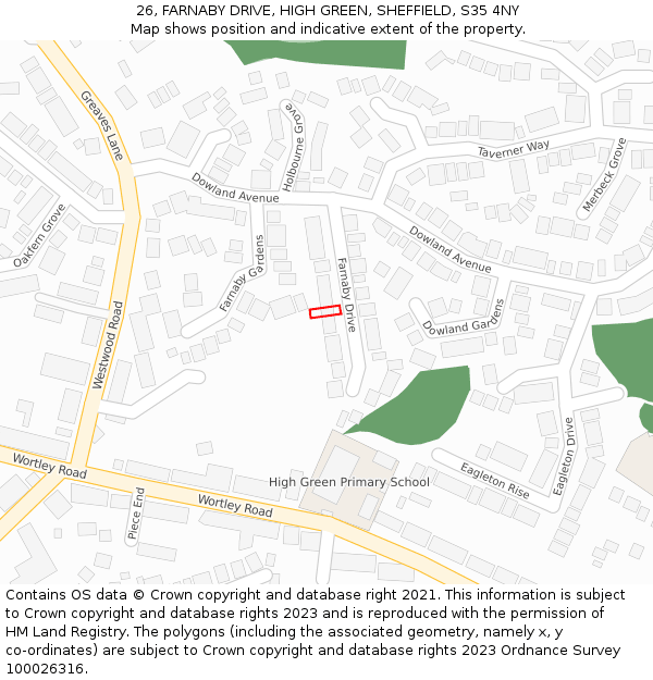 26, FARNABY DRIVE, HIGH GREEN, SHEFFIELD, S35 4NY: Location map and indicative extent of plot