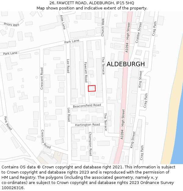 26, FAWCETT ROAD, ALDEBURGH, IP15 5HQ: Location map and indicative extent of plot