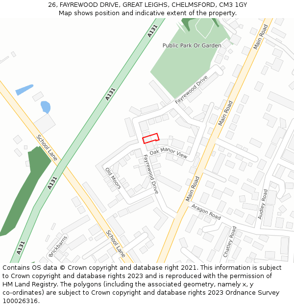 26, FAYREWOOD DRIVE, GREAT LEIGHS, CHELMSFORD, CM3 1GY: Location map and indicative extent of plot