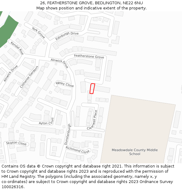 26, FEATHERSTONE GROVE, BEDLINGTON, NE22 6NU: Location map and indicative extent of plot