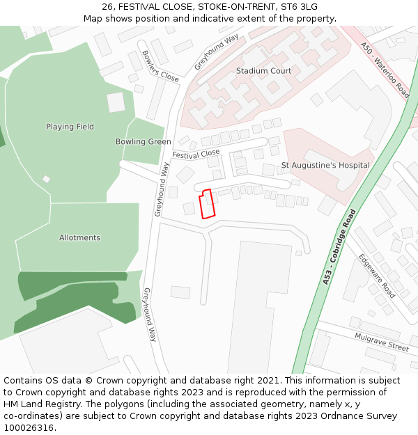 26, FESTIVAL CLOSE, STOKE-ON-TRENT, ST6 3LG: Location map and indicative extent of plot