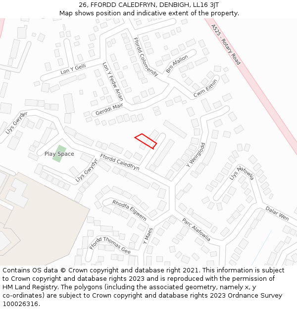 26, FFORDD CALEDFRYN, DENBIGH, LL16 3JT: Location map and indicative extent of plot