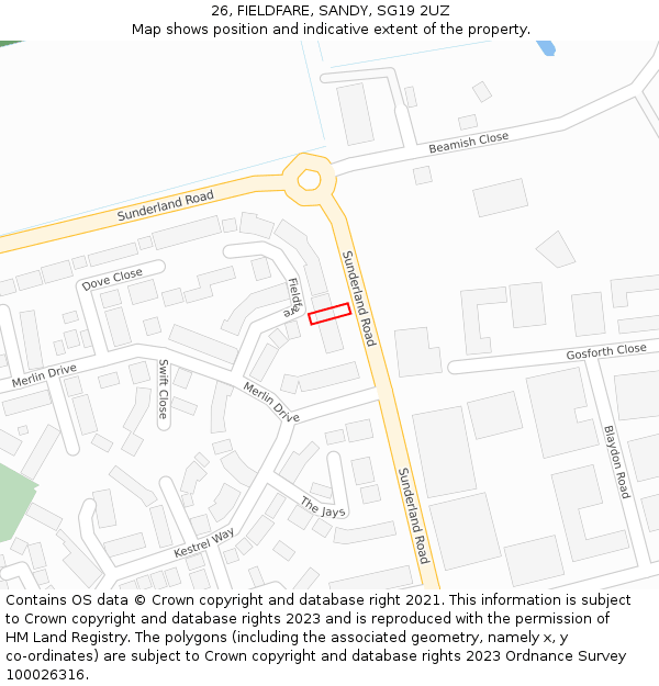 26, FIELDFARE, SANDY, SG19 2UZ: Location map and indicative extent of plot