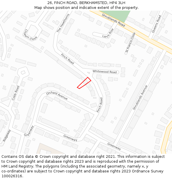 26, FINCH ROAD, BERKHAMSTED, HP4 3LH: Location map and indicative extent of plot