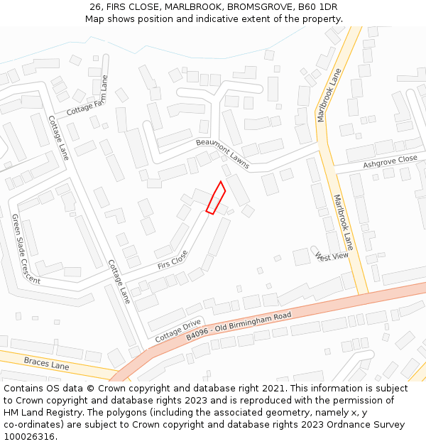 26, FIRS CLOSE, MARLBROOK, BROMSGROVE, B60 1DR: Location map and indicative extent of plot