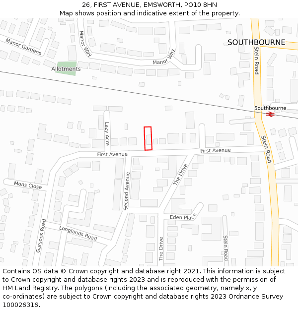 26, FIRST AVENUE, EMSWORTH, PO10 8HN: Location map and indicative extent of plot