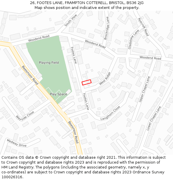 26, FOOTES LANE, FRAMPTON COTTERELL, BRISTOL, BS36 2JG: Location map and indicative extent of plot