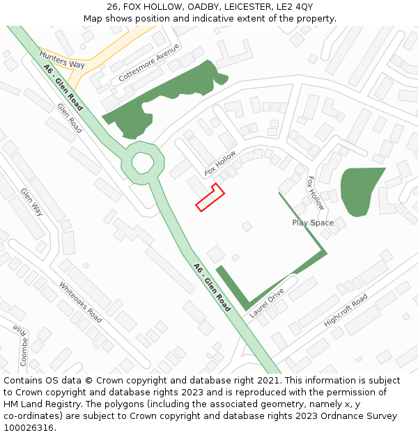 26, FOX HOLLOW, OADBY, LEICESTER, LE2 4QY: Location map and indicative extent of plot