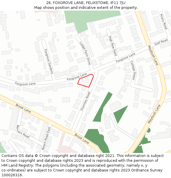 26, FOXGROVE LANE, FELIXSTOWE, IP11 7JU: Location map and indicative extent of plot