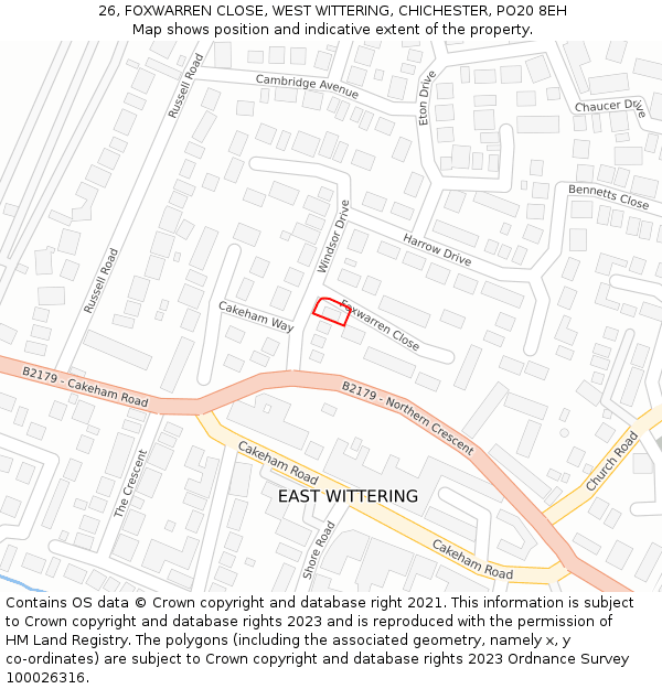 26, FOXWARREN CLOSE, WEST WITTERING, CHICHESTER, PO20 8EH: Location map and indicative extent of plot