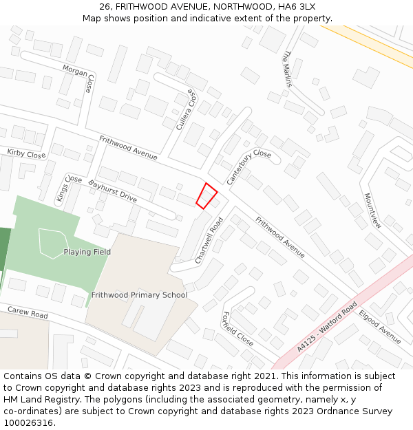 26, FRITHWOOD AVENUE, NORTHWOOD, HA6 3LX: Location map and indicative extent of plot