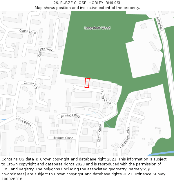 26, FURZE CLOSE, HORLEY, RH6 9SL: Location map and indicative extent of plot