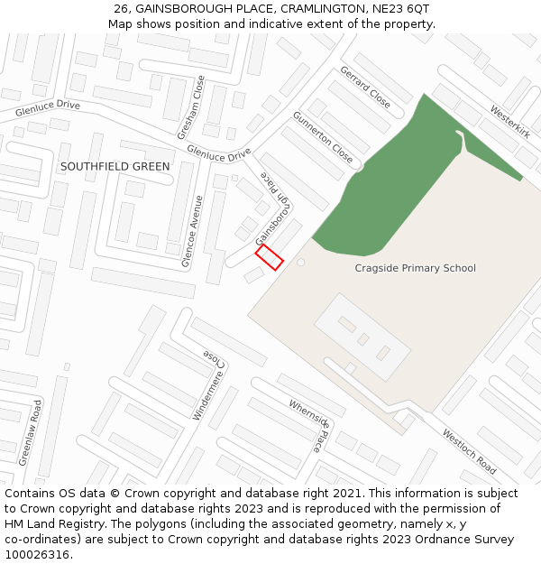 26, GAINSBOROUGH PLACE, CRAMLINGTON, NE23 6QT: Location map and indicative extent of plot