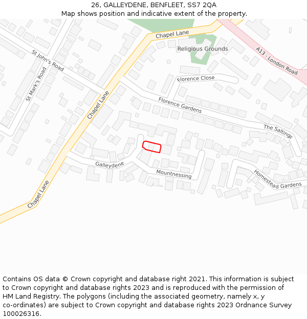 26, GALLEYDENE, BENFLEET, SS7 2QA: Location map and indicative extent of plot