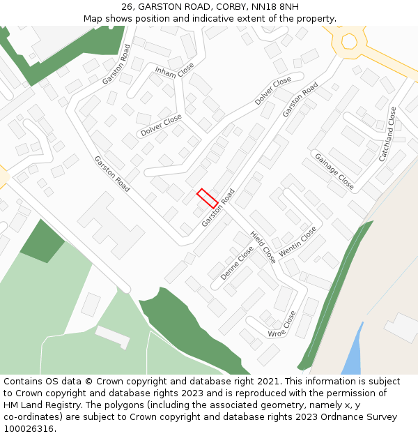 26, GARSTON ROAD, CORBY, NN18 8NH: Location map and indicative extent of plot