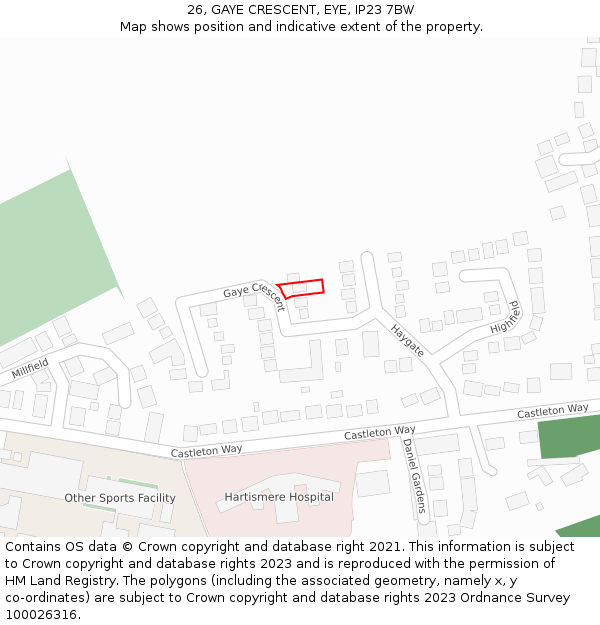 26, GAYE CRESCENT, EYE, IP23 7BW: Location map and indicative extent of plot