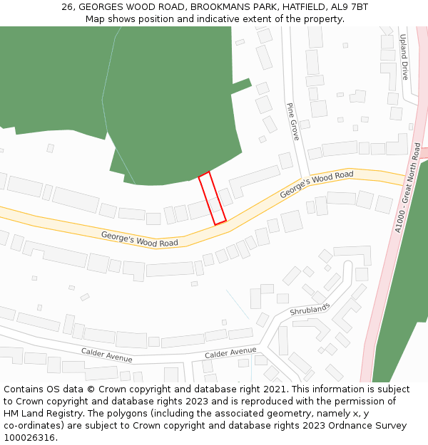 26, GEORGES WOOD ROAD, BROOKMANS PARK, HATFIELD, AL9 7BT: Location map and indicative extent of plot