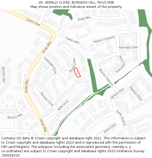 26, GERALD CLOSE, BURGESS HILL, RH15 0NB: Location map and indicative extent of plot